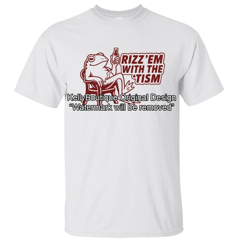 Cute Frog Chilling Rizz Em with the Tism T-shirt, Autism Neurodivergent Front Design Unisex Cotton T-shirt for Men for Women Menswear Womenswear Top