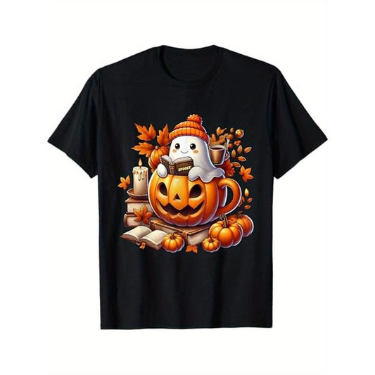 Cute Ghost Reading Book Lovers Halloween Ghost Coffee Women T-Shirt, 100% Cotton, Halloween Thanksgiving Christmas Gift for Men Women Family Friends, Black Made in USA