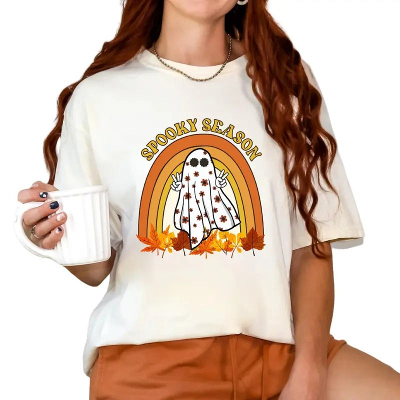 Cute Ghost Retro Halloween Shirt for Women - Short Sleeve Graphic Crew Neck Top, Medium, Fitted, All Seasons, Machine Washable Womenswear Underwear