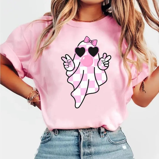 Cute Girly Ghost Blowing Bubble Tshirt, Retro Checkered Ghost bow Shirt, Cute Pink Ghost T-Shirt,On Wednesday We Wear Pink Cotton Top