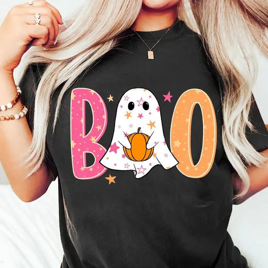 Cute Halloween Ghost T-Shirt for Women, Floral Halloween Sweatshirt, Spooky Season Unisex Cotton Crewneck Sweatshirt - Fit, Womenswear