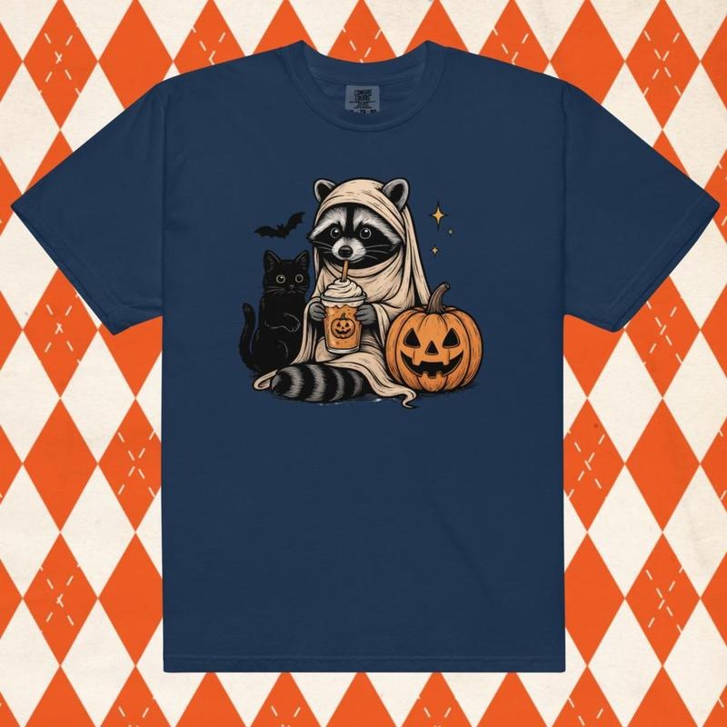 Cute Halloween Racoon Coffee Shirt - Comfort Colors Unisex Apparel Relaxed Fit Printed In The USA Clothing Womenswear Casual Comfort Cotton