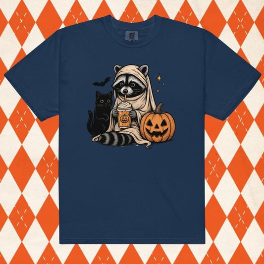 Cute Halloween Racoon Coffee Shirt - Comfort Colors Unisex Apparel Relaxed Fit Printed In The USA Clothing Womenswear Casual Comfort Cotton