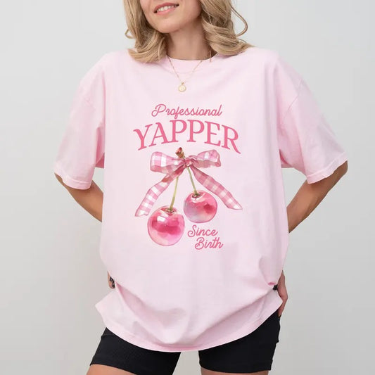 Cute Professional Yapper Since Birth Comfort Colors Shirt, Coquette Cherry Bow Graphic Tee, Girly Unisex Tees, Meme T-shirt