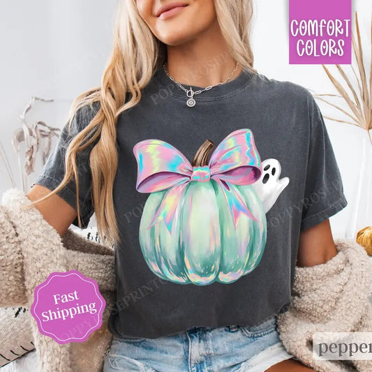 Cute Pumpkin Ghost Shirt Comfort Colors Halloween Tshirt,  Women's Holiday Tee, October Vibes Shirt, Spooky Season Tee
