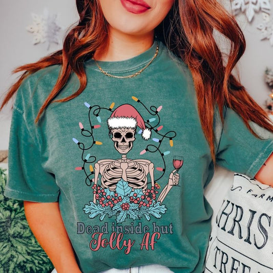 DEAD INSIDE BUT JOLLY AF T-SHIRT (COMFORT COLORS T-SHIRT, CASUAL SHIRT UNISEX, CHRISTMAS CLOTHING, GRAPHIC APPAREL, HOLIDAY SHIRT) Cotton Fabric