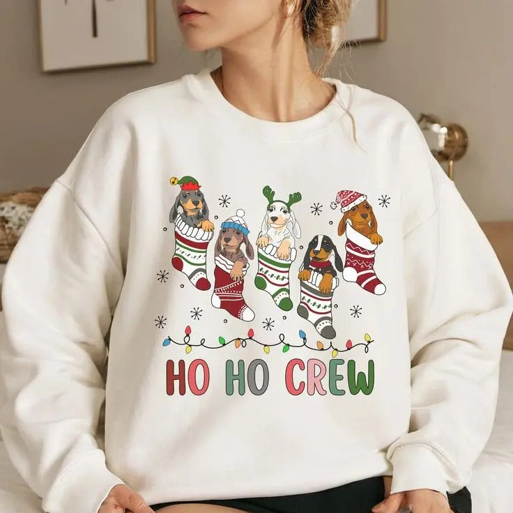 Dachshund Christmas Sweatshirt - Ho Ho Crew Festive Dog Lovers Holiday Shirt - Dog mom Christmas - Christmas Dog Sweatshirt