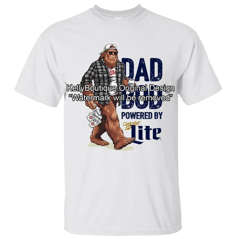 Dad Bod Powered by Miller Lite Funny Bigfoot Sasquatch T-Shirt, Gift for Husband from Wife, Gift for Dad, Father's Day Gift Front Sided Design Unisex Cotton T-shirt for Men Menswear Top