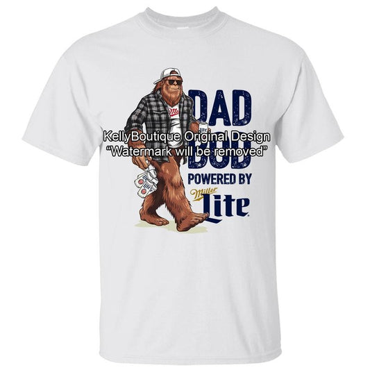 Dad Bod Powered by Miller Lite Funny Bigfoot Sasquatch T-Shirt, Gift for Husband from Wife, Gift for Dad, Father's Day Gift Front Sided Design Unisex Cotton T-shirt for Men Menswear Top