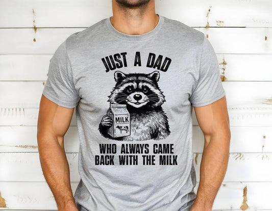 Dad Raccoon Shirt, Just A Dad Who Came Back With The Milk Father's Day, Dark Humor Minimalist T-shirt, Vintage Unhinged Animal Funny Milk Tee, Father's Day Dad Shirt