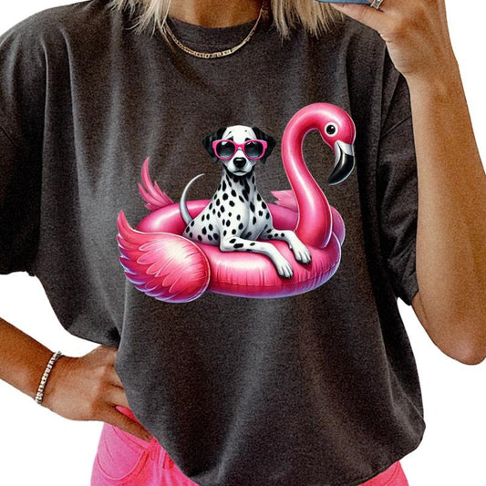 Dalmatian Flamingo Float Dog Shirt ~ Unisex Apparel Relaxed Fit Printed In The USA Clothing Womenswear Casual Comfort Cotton Top Athletic Boho Chic