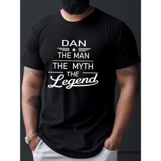 Dan the Man Myth Legend Print T-Shirt for Men - Casual Short Sleeve Summer Top with Geometric Pattern, Knit Fabric, Regular Fit, Adult Unisex Made in USA