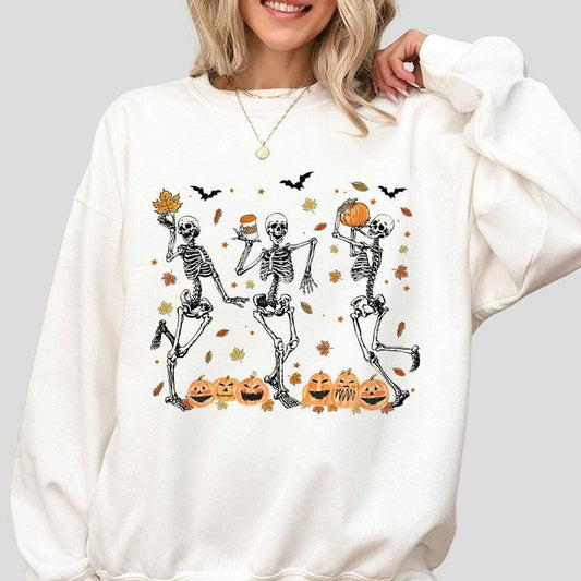 Dancing Skeleton Fall Sweatshirt, Pumpkin T-shirt, Shirt For Women, Funny Skeleton Sweatshirt, Pumpkin Skeleton T-shirts, Fall Tee For Her, Halloween Party Shirts, Spooky Season T-shirt, Women's Tops, Retro Fall Shirt