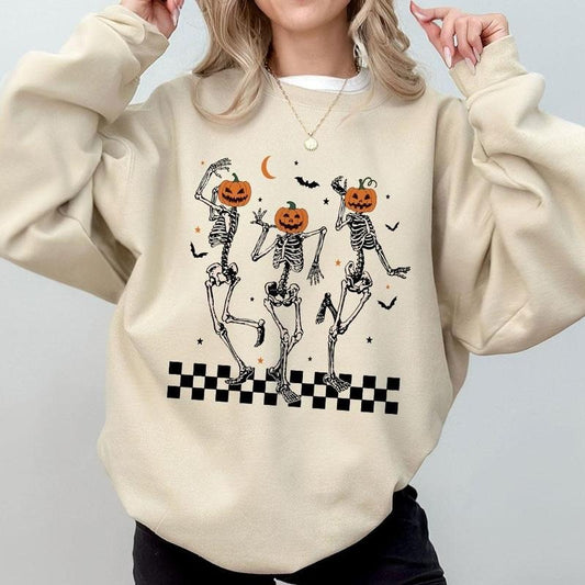 Dancing Skeleton Pumpkin Shirt, Retro Halloween Sweatshirt, Womens Halloween Shirt, Cute Fall Shirt, Spooky Season, Pumpkin Face, Dancing Skull Shirt, Spooky Vibes Comfort Tee, Halloween Shirts For Women