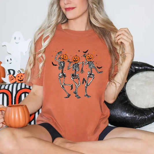Dancing Skeleton Pumpkin Shirt, Retro Halloween Women's Shirt, Funny Fall Halloween Party Shirt, Spooky Season Skeleton Tee