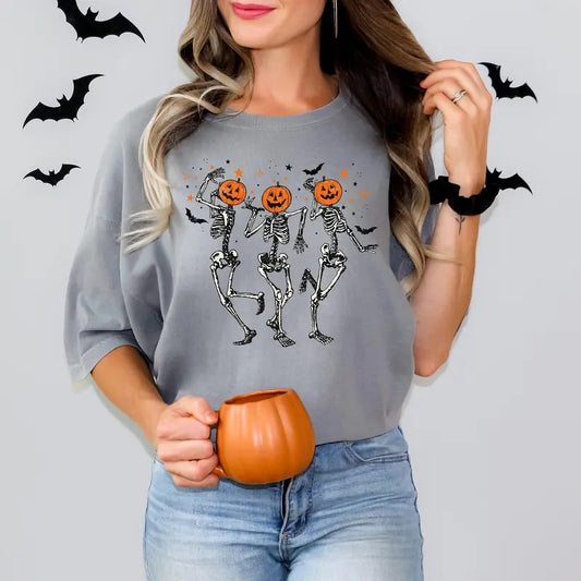 Dancing Skeleton Pumpkin Shirt, Retro Halloween Women's Shirt, Funny Fall Halloween Party Shirt, Spooky Season Skeleton Teestyle{n002}3