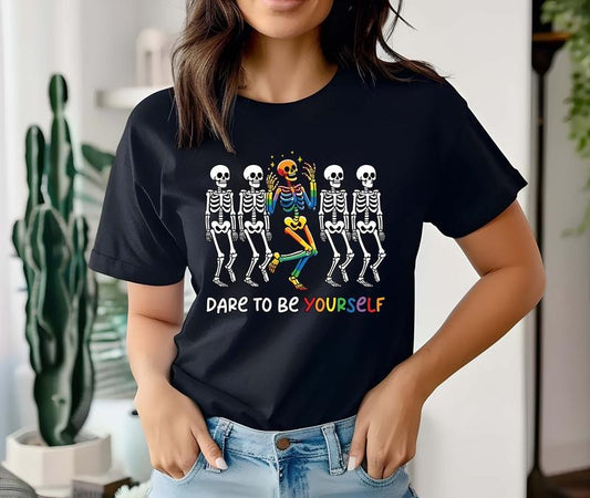 Dare To Be Yourself Shirt Lgbtq Skeleton T-shirt Supporting Lgbt People Tee Pride Month Shirt Gender Equality Shirt Rainbow Shirt TK43GN