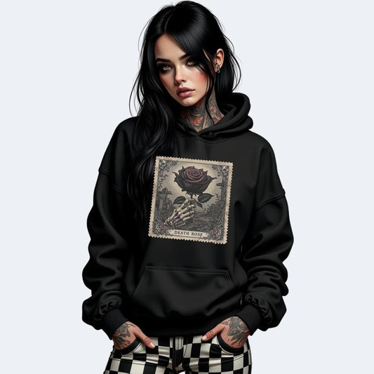 Death Rose Streetwear Death Rose Stamp Style Crewneck Sweatshirt T Shirt or Hoodie Grunge Aesthetic Pullover Retro Vibes Casual Comfort Skulls Cotton Fit Vintage Womenswear Graphic Piece Tops Garment