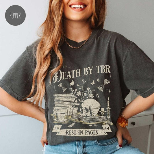 Death by TBR T-Shirt for Book Lover Vintage Reading Shirt for Bibliophiles Oversized Bookish Merch Bookworm Gift for Book Addict