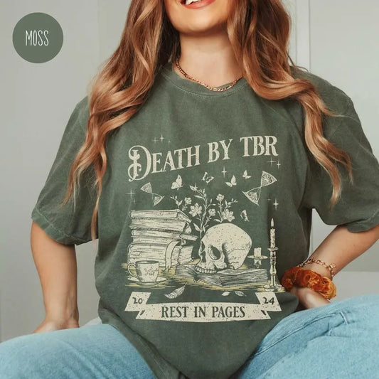 Death by TBR tShirt for Book Lover Vintage Reading Shirt for Bibliophiles Oversized Bookish Merch Bookworm Gift for Book Addict Vintage Reading Shirt for Women Gift for Book Lover