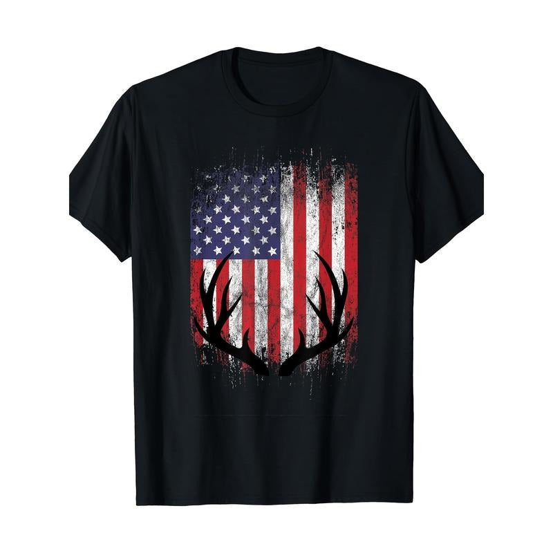 Deer Hunting American Flag Whitetail Buck Antlers Short Sleeve T-Shirt Made in USA