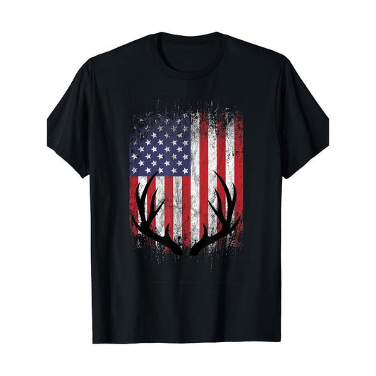Deer Hunting American Flag Whitetail Buck Antlers Short Sleeve T-Shirt Made in USA