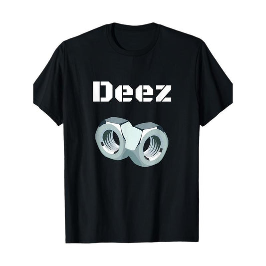 Deez Nuts Funny Irony Graphic T-Shirt, 100% Cotton, Regular Fit, Crew Neck, Short Sleeve, with Slight Stretch, Geometric Pattern, for Casual Weekend Wear Made in USA
