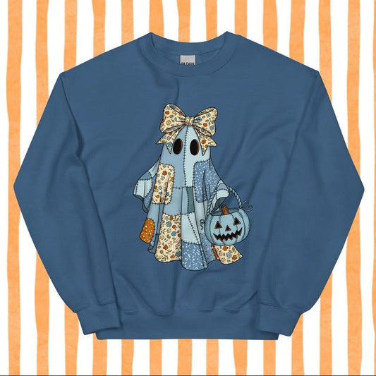 Denim Ghost Patchwork Halloween Sweatshirt - Autumn Unisex Apparel Relaxed Fit Printed In The USA Clothing Womenswear Casual Comfort Cotton Top Athletic Boho Chic garment-dyed heavyweight Crewneck