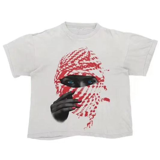 Desert Gaze Graphic T-Shirt, Red Scarf and Blue Eyes Art, Casual Unisex Cotton Top, Vintage-Inspired Streetwear Tee, Menswear, Womenswear, Sweatshirt, Hoodie