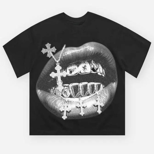 Diamond Cross Grillz Graphic T-Shirt, Bold Lips and Bling Design, Iconic Streetwear Fashion, Trendy Grills and Jewelry Art, Urban Statement Tee