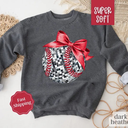 '=Disco Baseball Bow Sweatshirt, Game Day Baseball Crewneck, Womens Sweatshirt