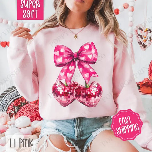 Disco Cherry Bow Sweatshirt, Valentine's Day Crewneck, Holiday Women's Sweater