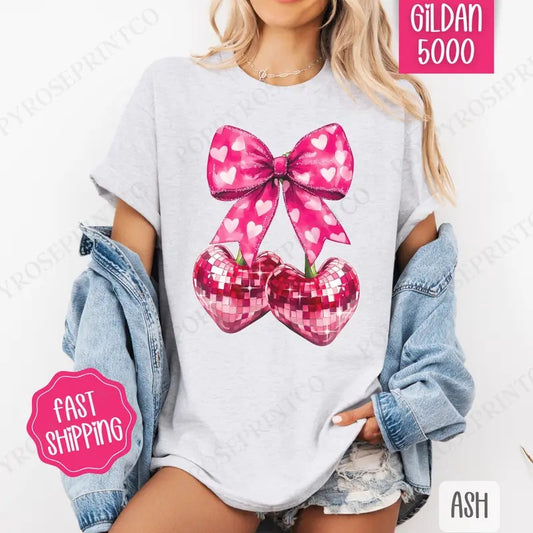 Disco Cherry Heart Bow Shirt Gildan, Valentine's Day Women's Tee, Holiday Women's Tshirt Plus Sizes