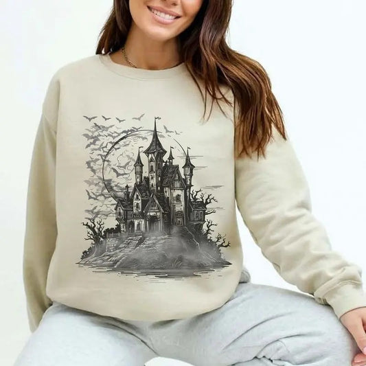 Dracula's Castle Sweatshirt, Transylvania Hoodie, Vampire Bat Shirt for Halloween, Gift for Scary Movie And Book Lovers, Classic Horror Womenswear Soft Crewneck Pullover Long Sleeves Graphic Fabric Sweater
