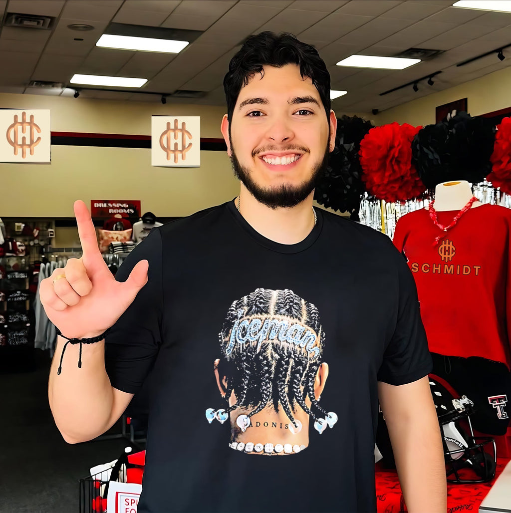 Drake Adonis braid with Iceman word graphic shirt