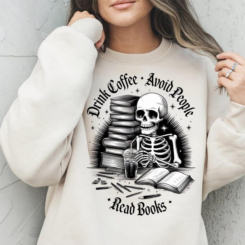 Drink Coffee Avoid People Read Books Shirt, Skeleton tbr, Books and Coffee , Trendy design, Sublimation,SSticker
