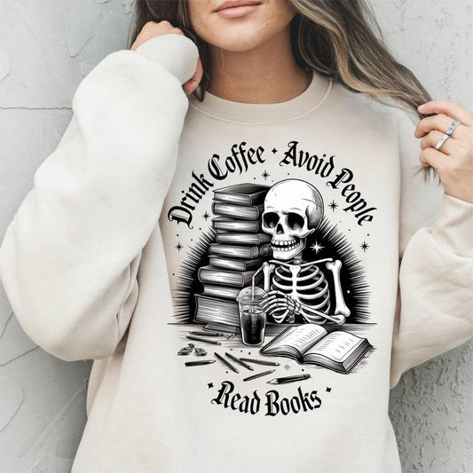 Drink Coffee Avoid People Read Books Shirt, Skeleton tbr, Books and Coffee , Trendy design, Sublimation,SSticker