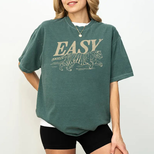 Easy Tiger Shirt Comfort Colors, Retro Easy Tiger Tee for Women, Vintage Tiger Graphic Printed Tee for Girls, Y2k Trendy Tiger T-shirt, Festival Gift Shirt, Aesthetic Inspired Shirt, Mama Casual Womenswear, Oversized Women's Tops, Relaxed Fit Chic Style