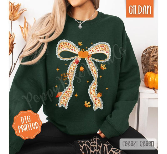 Fall Pumpkin Bow Sweatshirt, Trendy Coquette Autumn Crewneck