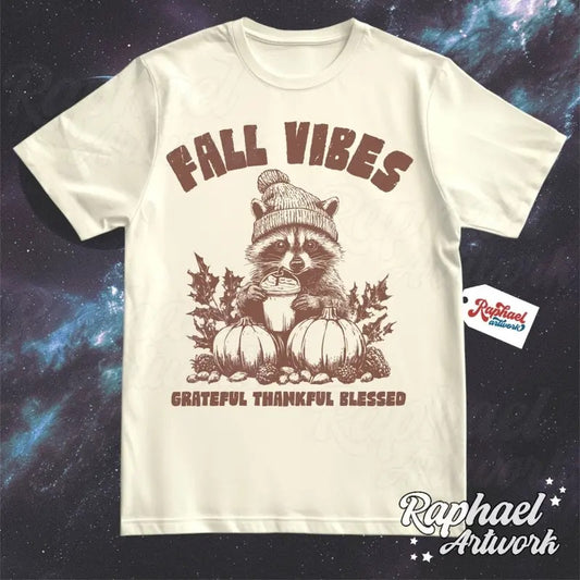 Fall Vibes Halloween Vintage Shirt, Retro 90s Fall Tshirt, Cute Racoon Graphic Tee, Thanksgiving Outfit Cotton Menswear Top