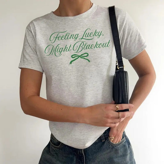 Feeling Lucky Might Blackout Baby Tee Trendy St Paddys Day Bar Crawl Shirt Kiss Me Im Irish Drinking Tshirt College Aesthetic Green Crop Top