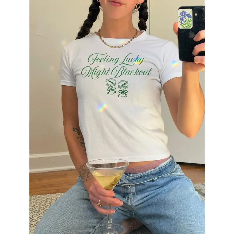 Feeling Lucky Might Blackout Baby Tee Trendy St Paddys Day Bar Crawl Shirt Kiss Me Im Irish Drinking Tshirt College Aesthetic Green