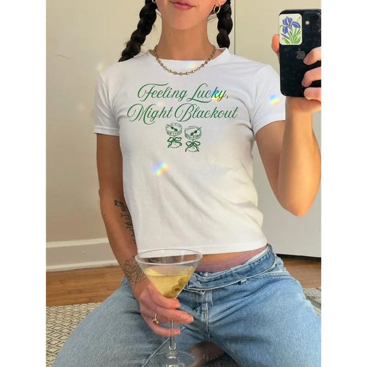 Feeling Lucky Might Blackout Baby Tee Trendy St Paddys Day Bar Crawl Shirt Kiss Me Im Irish Drinking Tshirt College Aesthetic Green