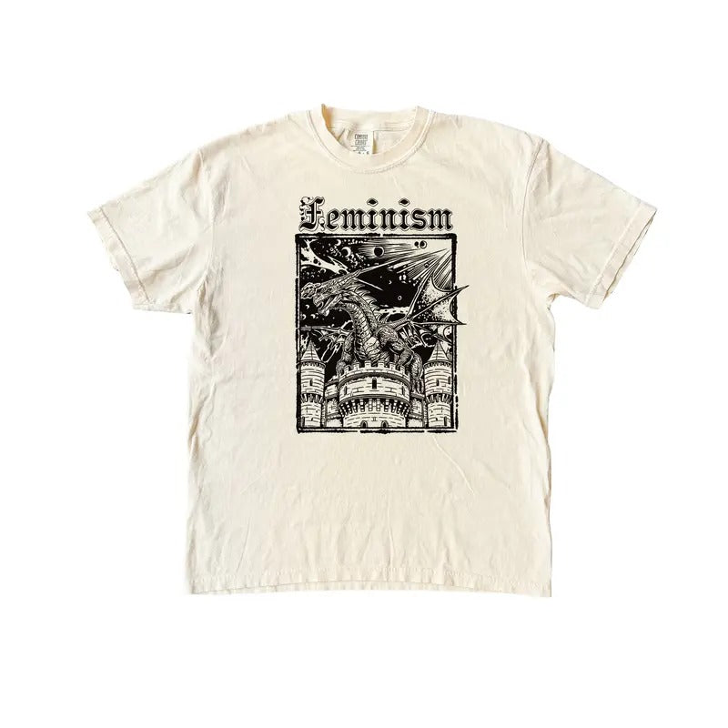 Feminism Dragon T Shirt - Vintage Graphic Tee - Dragon Castle Tshirt - Funny Activism Retro Shirt - Womenswear Top