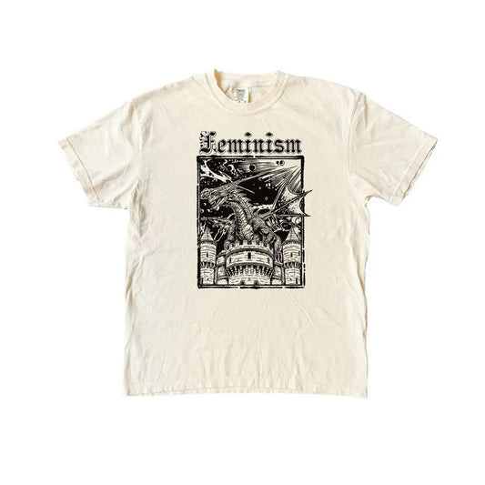 Feminism Dragon T Shirt - Vintage Graphic Tee - Dragon Castle Tshirt - Funny Activism Retro Shirt - Womenswear Top