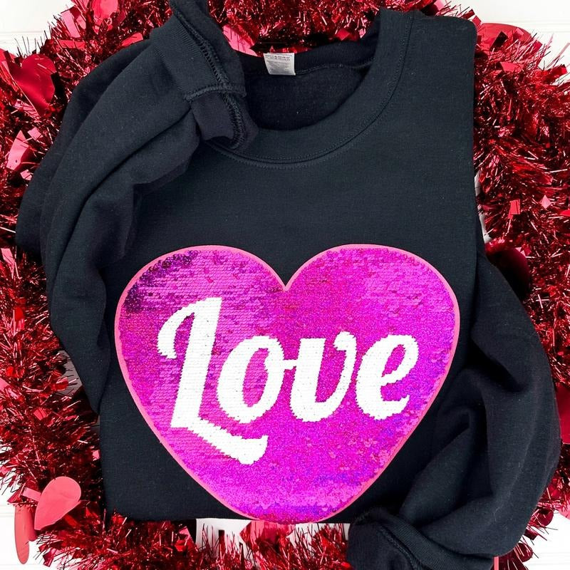 Flip Sequin Heart Patch Sweatshirt -- BLACK T-Shirts, Hoodie | CoreVibeTees.com
