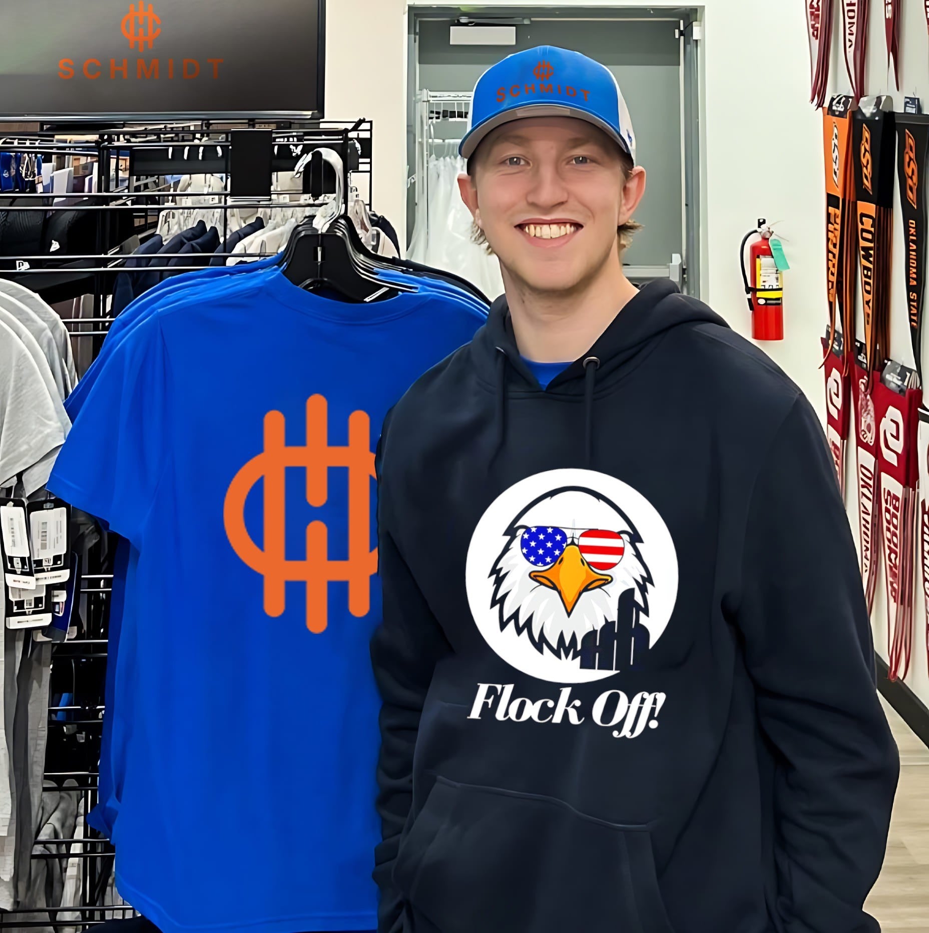 Flock off TKsTeesUS with eagle wearing American flag sunglasses funny shirt