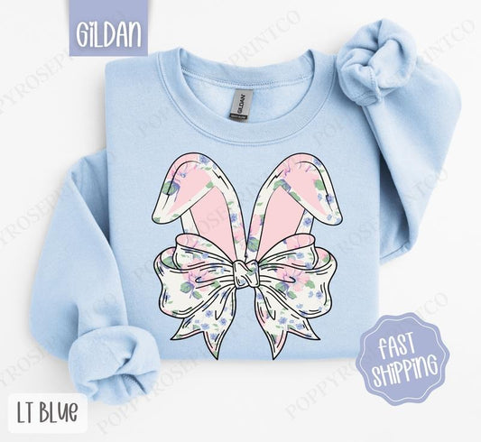 Floral Bunny Bow Sweatshirt, Cute Easter Crewneck, Trendy Coquette Women's Sweater, Gift for Her