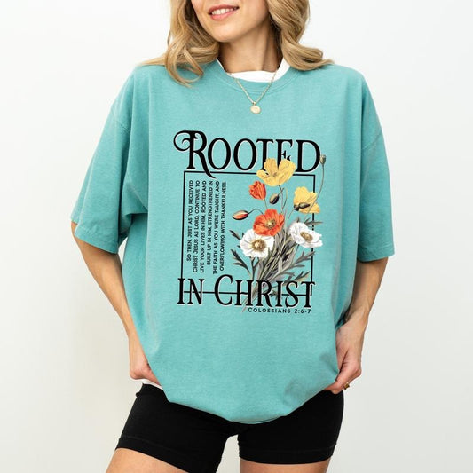 Floral Christian Shirt Comfort Colors, Rooted In Christ Crewneck Women Tee, Religious Gifts, Retro Christian  Womenswear