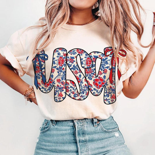 Floral Coquette USA Shirt, Retro America Tee, 4th Of July Shirt, 4th Of July Sublimation Design, popular America Shirt, Patriotic , Girly